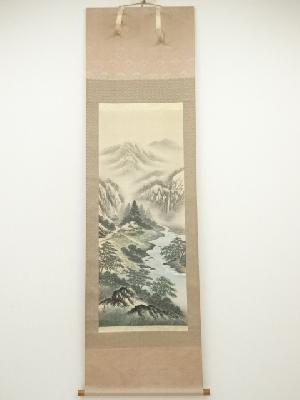 寿仙筆　四神相応山水　肉筆絹本掛軸（共箱）